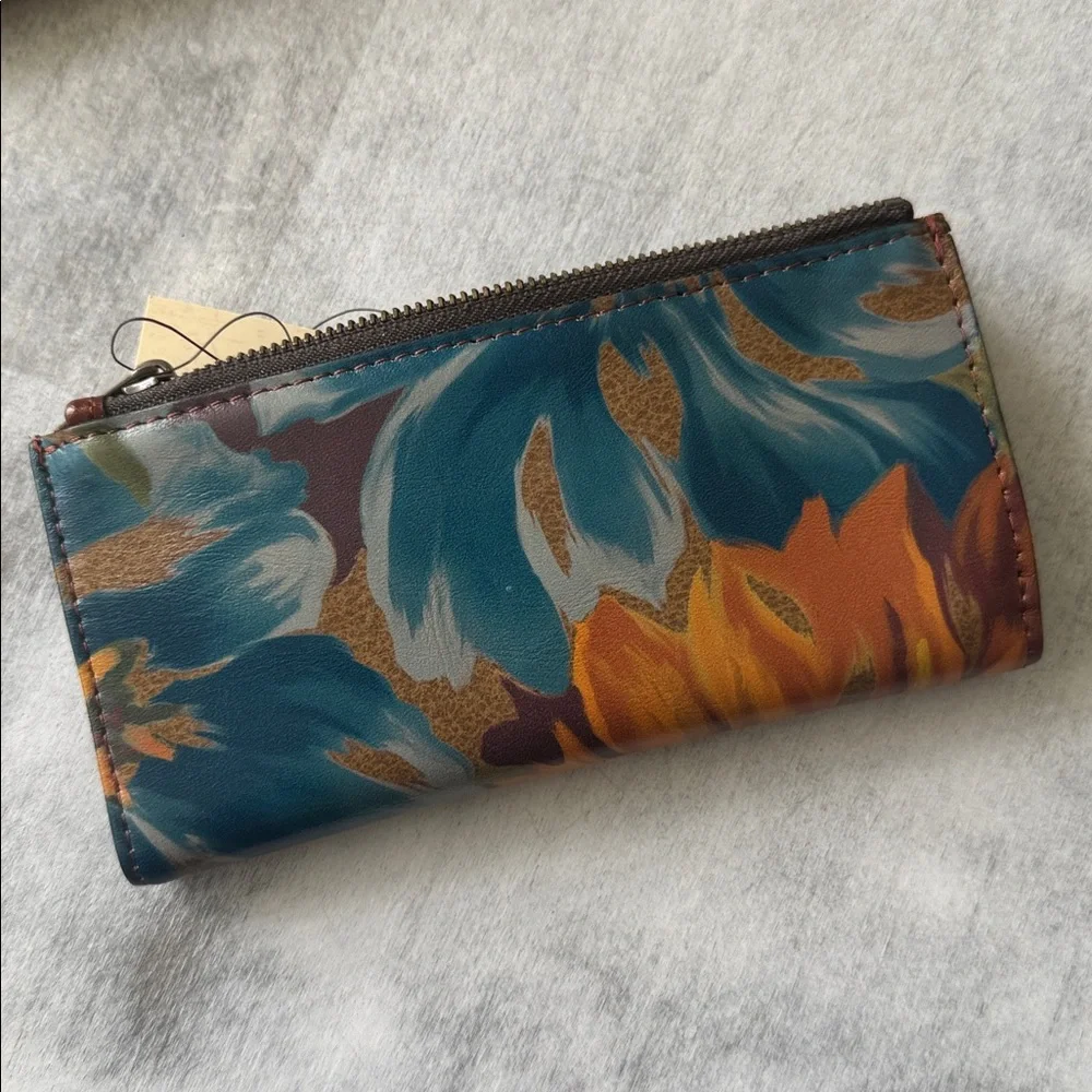 Patricia Nash NAZARI Leather Bifold Wallet Floral Marigold Harvest Blue Brown